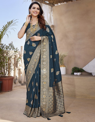 Samah Woven, Embellished, Self Design Banarasi Silk Blend, Jacquard Saree(Blue, Gold)