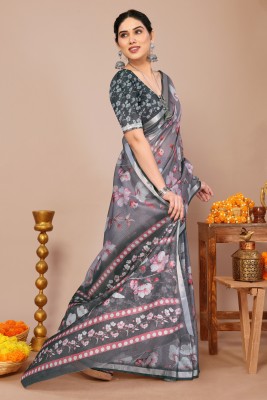 MIRCHI FASHION Printed, Floral Print, Checkered Kota Doria Polyester Saree(Grey, Red)