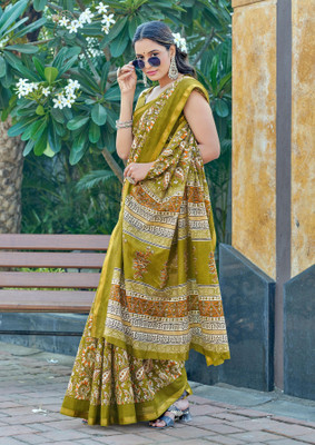 Divastri Floral Print Chanderi Cotton Blend Saree(Green)