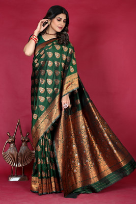 amirat Printed Banarasi Jacquard Saree(Dark Green)