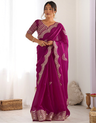 Satrani Embellished, Embroidered Bollywood Organza Saree(Pink)