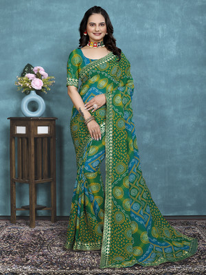 Kanooda Prints Printed Bollywood Georgette Saree(Green)