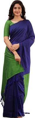 VERVE Solid/Plain Handloom Cotton Blend Saree(Blue, Green)