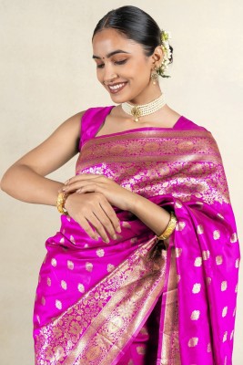 SUBHAM Woven, Embellished Banarasi Silk Blend Saree(Pink, Gold)