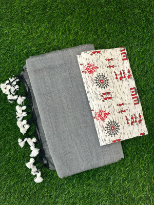 TARAMAACREATION Solid/Plain Bollywood Handloom Pure Cotton Saree(Grey, White)