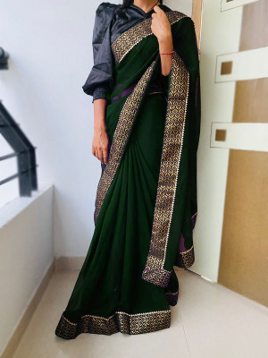 Be4Me.com Self Design, Floral Print, Solid/Plain Bollywood Georgette Saree(Dark Green)