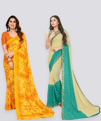 Anand Sarees Printed Bollywood Georgette Saree(Pack of 2, Beige, Light Blue, Yellow)