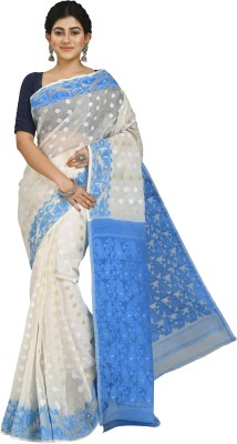 crochetin Woven Jamdani Handloom Cotton Blend Saree(Dark Blue, White)