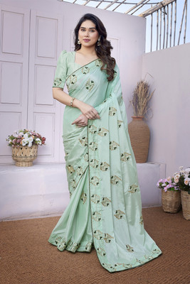 SUBHAM Embroidered, Embellished Bollywood Silk Blend Saree(Green)
