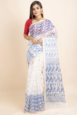 Shyamalisaree Printed Handloom Cotton Silk Saree(White)