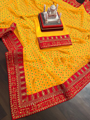 Qwarty Polka Print, Self Design Bandhani Georgette Saree(Yellow)