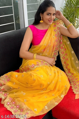 kraddle Embroidered Bollywood Supernet Saree(Yellow)
