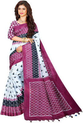 Joyguru Textile Printed Sambalpuri Pure Cotton Saree(White)