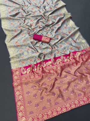 yasvicreation Woven, Temple Border Banarasi Jacquard Saree(Grey, Pink)