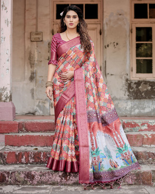DHAYNAAND REEWA FASHION Floral Print Kanjivaram Tussar Silk Saree(Multicolor)