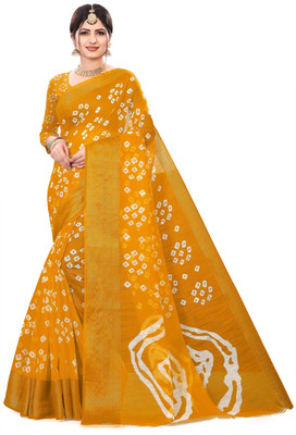 Saadhvi Printed Bandhani Cotton Blend Saree(Mustard)