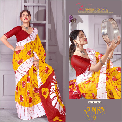 JASU CREATION Printed Bandhani Pure Cotton Saree(Yellow)