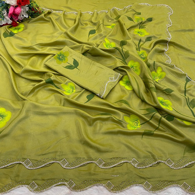 KONICA FAB Floral Print Bollywood Chiffon Saree(Green)