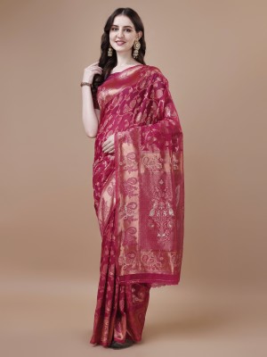 Magmina Woven, Floral Print Banarasi Linen, Cotton Linen Saree(Pink)