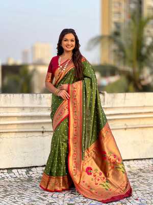 all about you Woven Paithani Silk Blend Saree(Green)