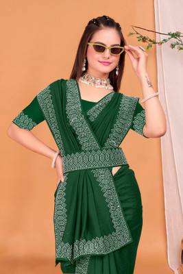 KEYU FASHION Solid/Plain Bollywood Georgette Saree(Green)