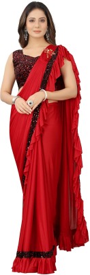 Onemorecreation Printed Banarasi Lycra Blend Saree(Red)