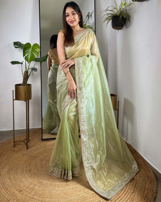 Aarvi Enterprise Embroidered Bollywood Tissue Saree(Green)