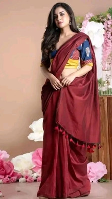 SSP Solid/Plain Handloom Cotton Blend Saree(Maroon)