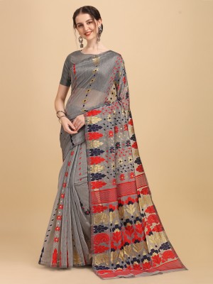 linza Printed Jamdani Cotton Silk Saree(Grey)