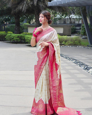 WOMENELEGENCE Embellished Banarasi Pure Silk Saree(White)