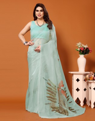 Samah Floral Print, Digital Print, Printed Bollywood Organza Saree(Light Green, Blue, Multicolor)