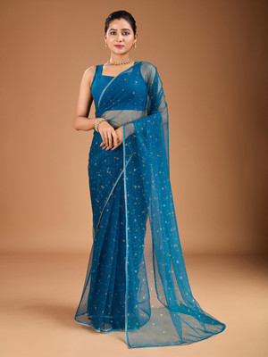 House of Pataudi Printed Daily Wear Net Saree(Blue)
