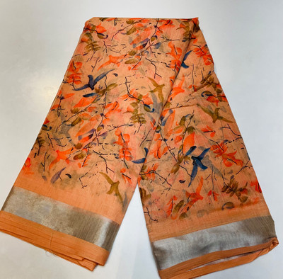 Tanishika creation Printed Banarasi Cotton Linen Saree(Orange)
