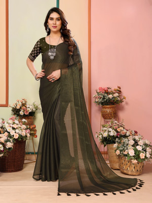 HouseOfCommon Solid/Plain Bollywood Silk Blend Saree(Green)