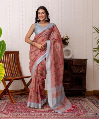 Samah Blocked Printed, Embellished Daily Wear Cotton Blend Saree(Brown)