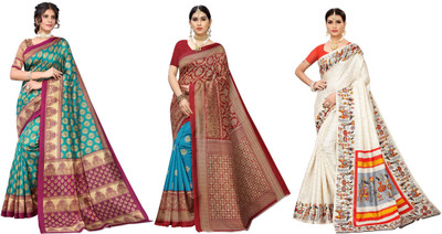 ANIRAV Woven Bhagalpuri Art Silk Saree(Pack of 3, Blue, Red, Cream)