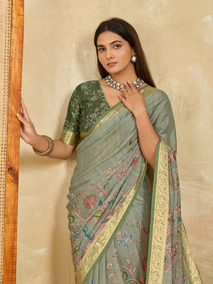 Tasrika Printed, Woven Kalamkari Crepe Saree(Green)