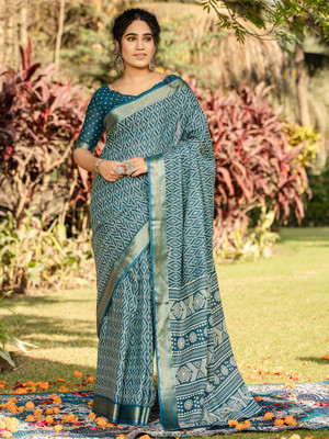 Anouk Rustic Printed Hand Batik Cotton Blend Saree(Blue)