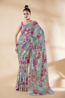 GARDEN VARELI Floral Print Bollywood Brasso Saree(Blue)