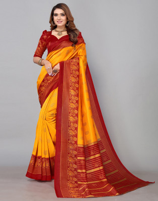 Samah Printed, Geometric Print, Floral Print Mysore Silk Blend Saree(Maroon, Beige, Yellow)