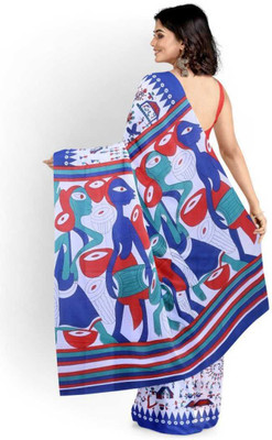 JAIPURI BLOCK PRINT Blocked Printed, Color Block, Dyed, Floral Print, Printed Daily Wear Pure Cotton Saree(Blue)