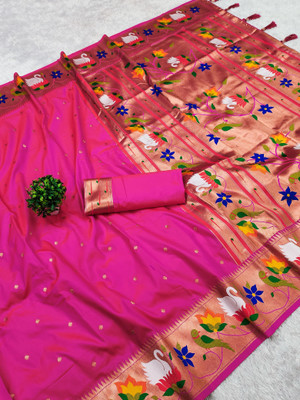 PANZORA Woven Paithani Cotton Silk Saree(Pink)