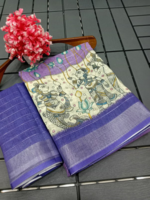 Saaransh Floral Print Kanjivaram Linen, Cotton Silk Saree(Purple)