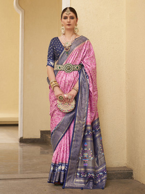 Sareemall Printed Patola Silk Blend Saree(Pink)