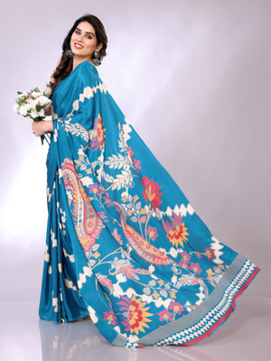 FABMORA Digital Print Leheria Silk Blend, Crepe Saree(Light Blue)