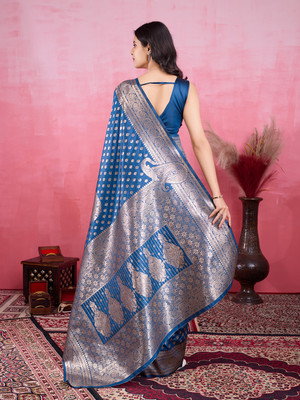 SIDDHESHWAR Self Design Assam Silk Lycra Blend Saree(Blue)