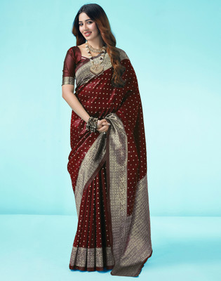 Samah Woven, Embellished Banarasi Jacquard, Silk Blend Saree(Brown, Gold)