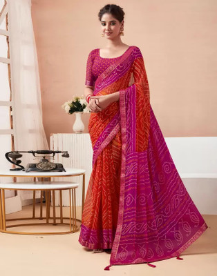Sudarshana Printed Bandhani Chiffon Saree(Orange)