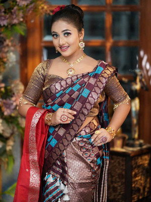 YINATZ KY GARCIA CREATION Woven Mekhela Chador Silk Blend Saree(Brown)