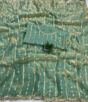 STITCH N SOLUS Embellished, Woven, Self Design Bollywood Jimmy choo, Pure Silk Saree(Green)